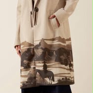 Women's Beige Western Long Coat Cowboy Horse Landscape Print Cowgirl Jacket