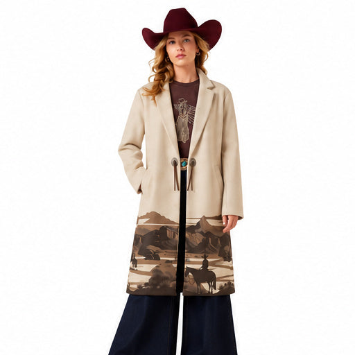 Women's Beige Western Long Coat Cowboy Horse Landscape Print Cowgirl Jacket
