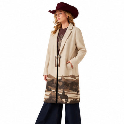 Women's Beige Western Long Coat Cowboy Horse Landscape Print Cowgirl Jacket