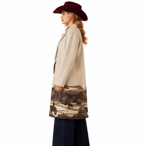 Women's Beige Western Long Coat Cowboy Horse Landscape Print Cowgirl Jacket