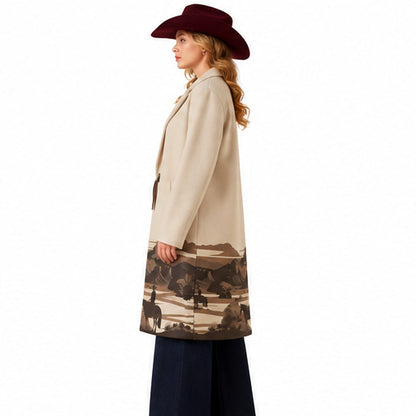 Women's Beige Western Long Coat Cowboy Horse Landscape Print Cowgirl Jacket