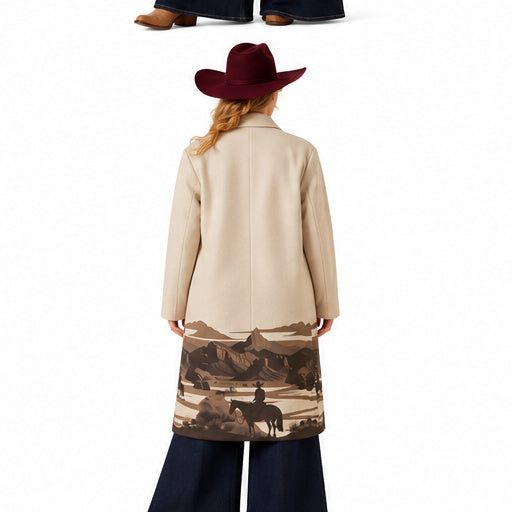 Women's Beige Western Long Coat Cowboy Horse Landscape Print Cowgirl Jacket