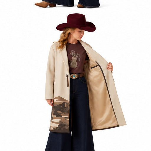 Women's Beige Western Long Coat Cowboy Horse Landscape Print Cowgirl Jacket