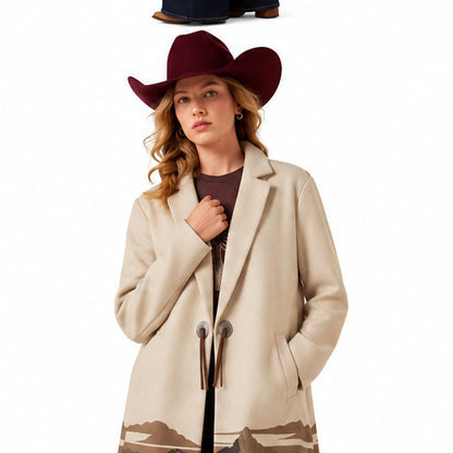 Women's Beige Western Long Coat Cowboy Horse Landscape Print Cowgirl Jacket