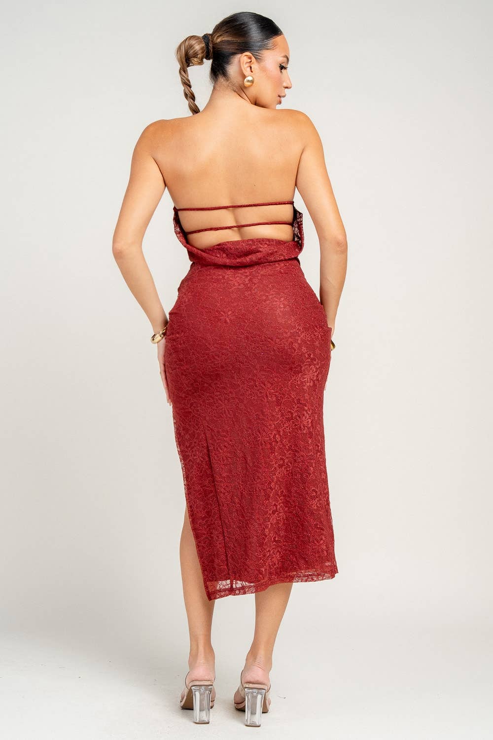 HD30604B / STRAPLESS TIED MIDI DRESS
