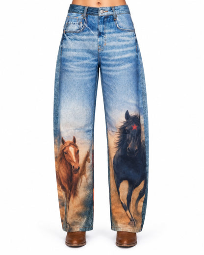 Women’s Western Horse Print Jeans High Waist Wide Leg Cowboy Rodeo Pants