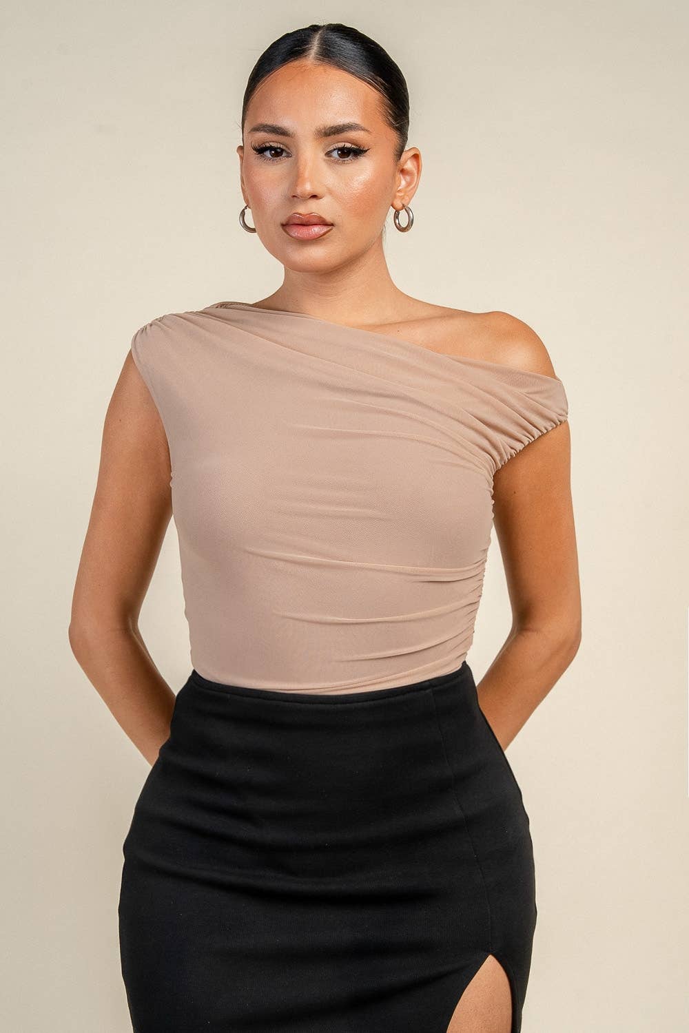 PT45714N ASYMMETRICAL NECK LINE BODYSUIT