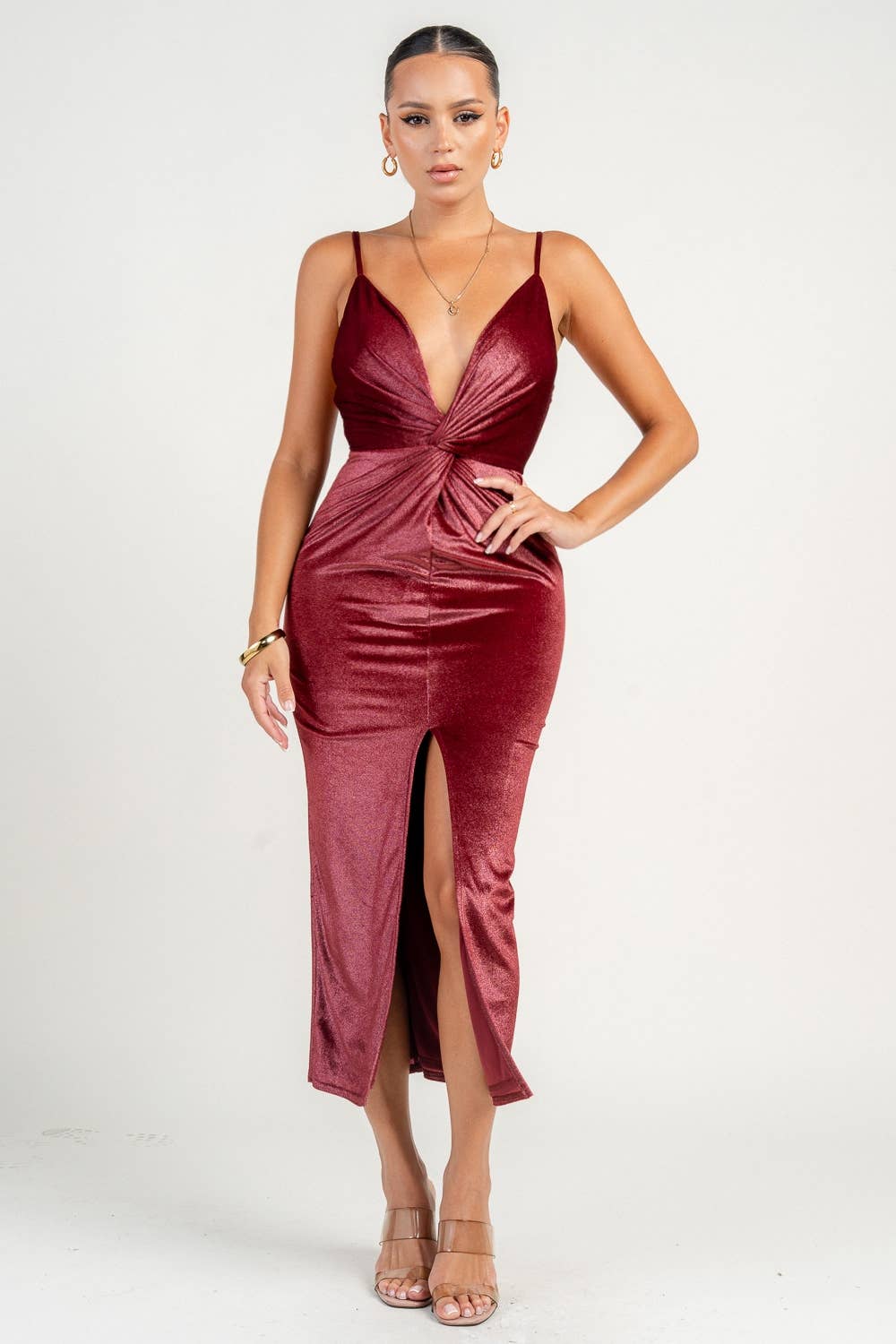 HD30315K / FRONT TWIST SPLIT LEG MIDI DRESS