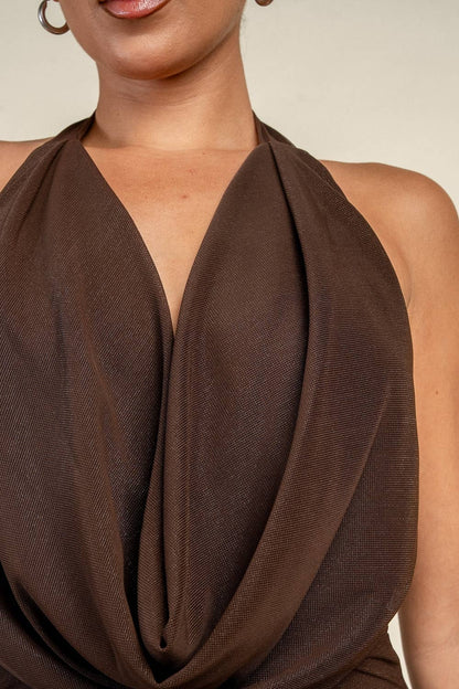 YD30274K METALLIC MESH WITH DEEP COWL DRESS