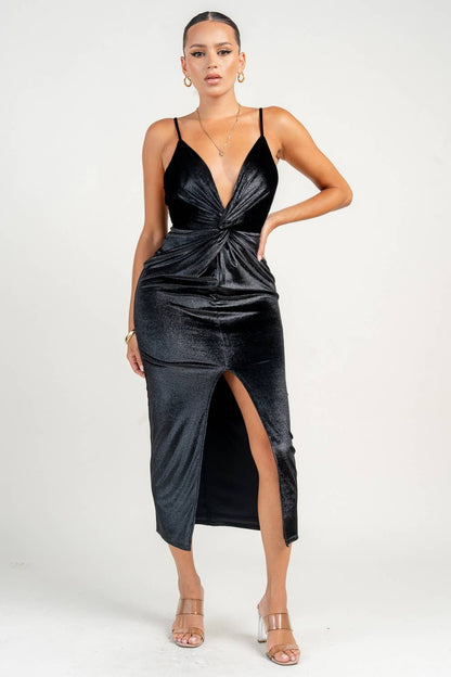 HD30315K / FRONT TWIST SPLIT LEG MIDI DRESS
