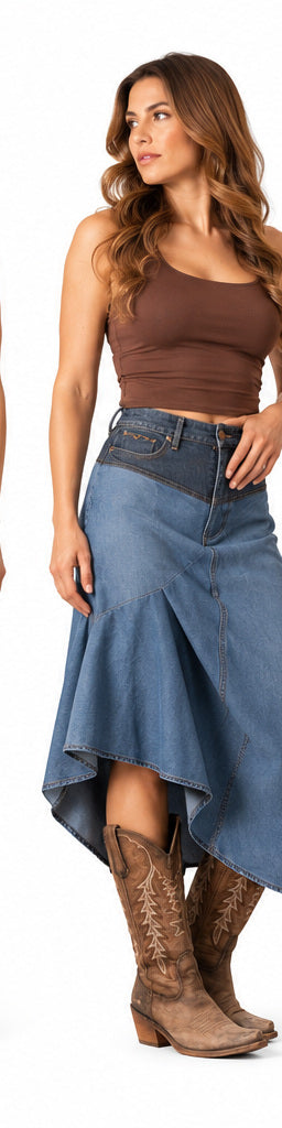 Women's Ladonna Western Denim Maxi Skirt – High-Waisted Asymmetrical Cowgirl Skirt