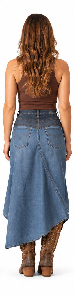 Women's Ladonna Western Denim Maxi Skirt – High-Waisted Asymmetrical Cowgirl Skirt