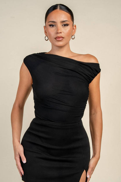 PT45714N ASYMMETRICAL NECK LINE BODYSUIT