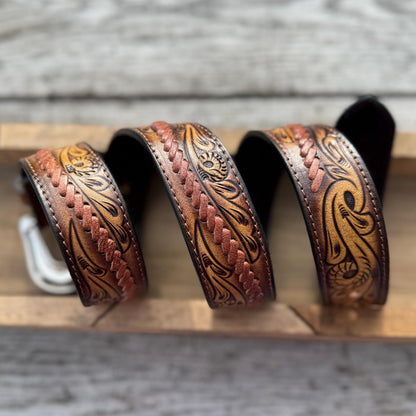 Genuine Leather Mens Western Belt with tooled details