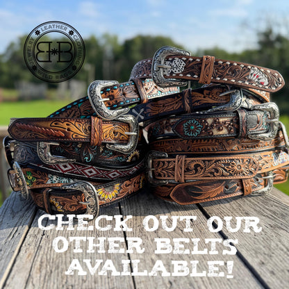 Genuine Leather Western Belt with tooled feathers and Cross cut outs by Double B Wild Rags